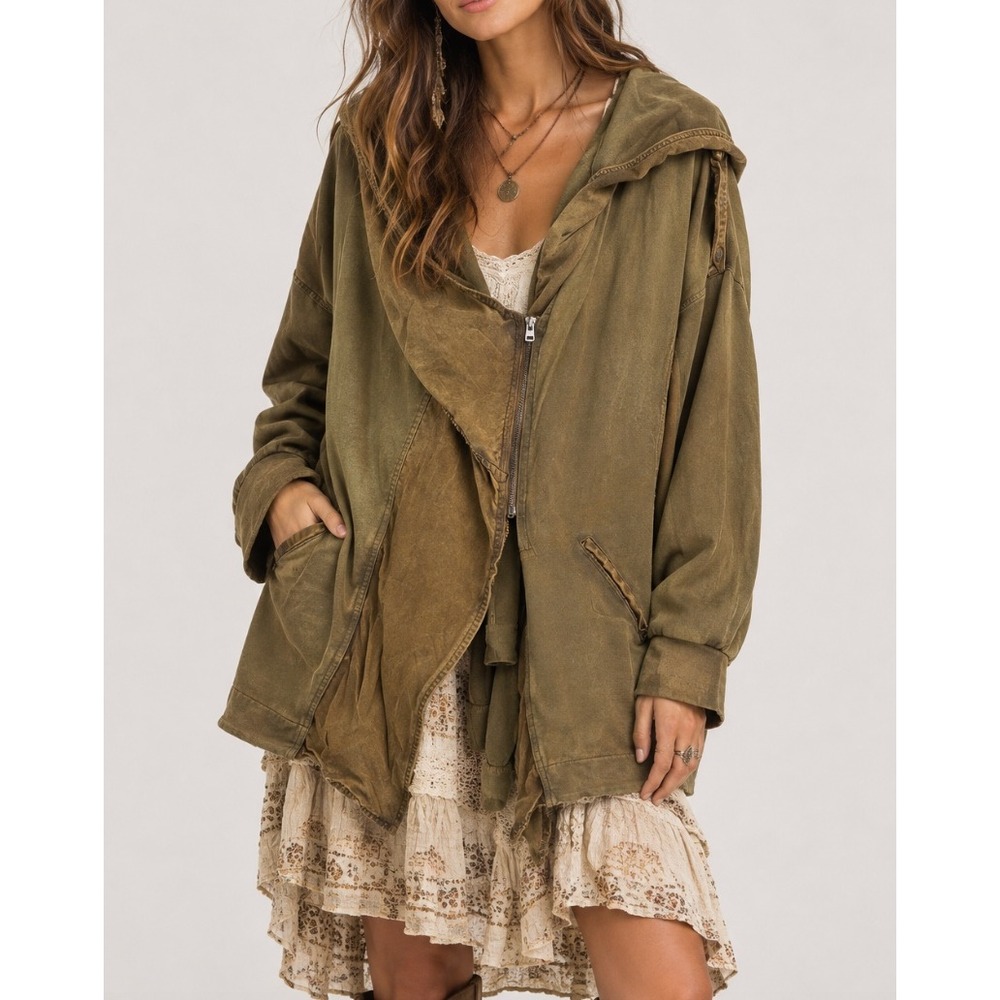 Free People C'Mon Olive Green Asymmetrical Zip Hooded Jacket Cardigan S Boho